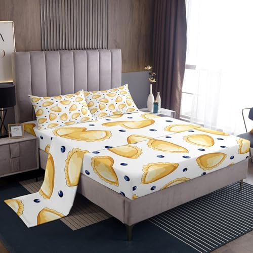 Dumplings Bed Sheet Set Full Size Chinese Style Traditional Food Mattress Cover Blueberry Sheets for Boys Girls Bedroom White Yellow with Flat,Fitted Sheet Pillowcase 4Pcs