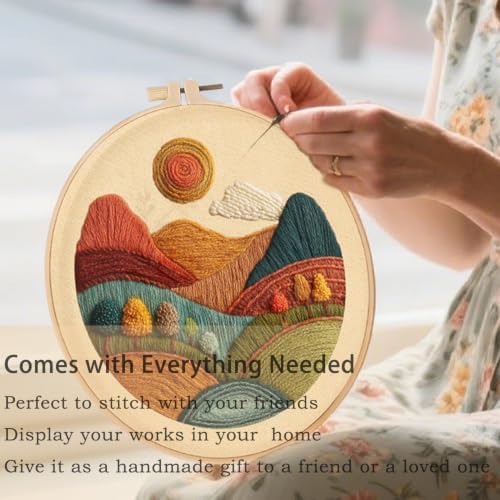 FONNUY Embroidery Kit for Beginners, Textured Vibrant Nature Landscape Pre-Stamped Pattern Kits for Adults with Hoop, Easy to Follow Color Thread Needlework, 8'' Hoop (Red 2)