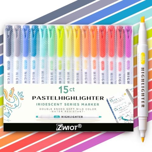 15 Count Dual-Tip Highlighters, Pastel Colors Fine & Bold Tip, Quick-Dry Non-Bleeding Highlighter Markers for Bible Journaling,School,Office,Notes (15 colors highlighters - Iridescent Color)