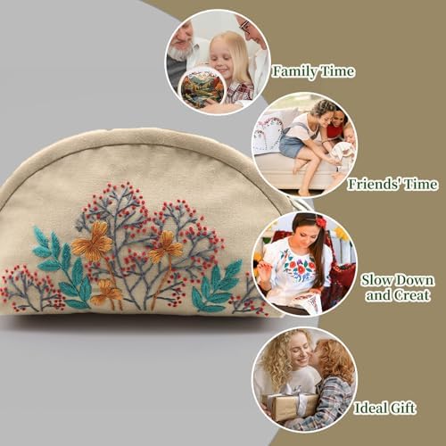 FONNUY Embroidery Kit Makeup Bag for Beginners, Flowers Pre-Stamped Pattern Handbag Coin Purses Making Kits for Adults with Hoop, Easy to Follow Color Thread Needlework (Beige)