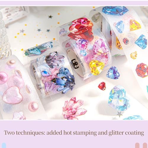 Tape Stickers for Journaling, 4 Rolls Pre Cut Brilliant Gem Series Single Scrapbook Stickers, PET Washi Tape Stickers, Decorative PET Tapes Set for Planner DIY Crafts and Gift Wrapping