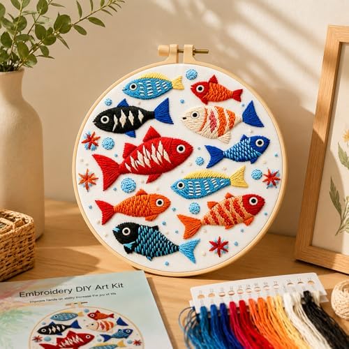 Zhenqing Colorful Fish Embroidery Kit for Beginners, Ocean Fish Needlework Craft, Pre-Printed Cotton Fabric with Hoop, Threads & Tools, 29x29cm (C0059)
