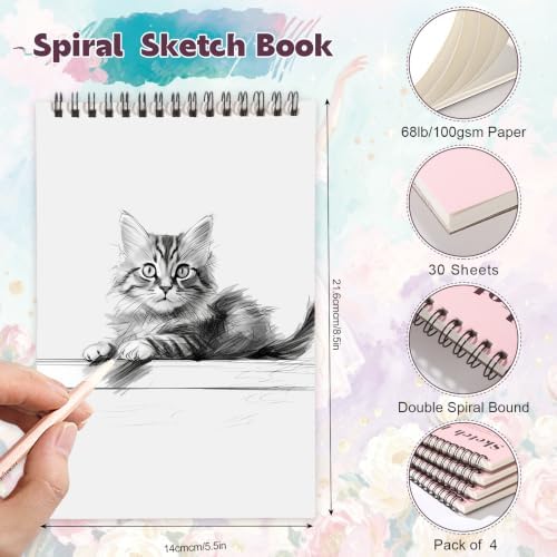 4 Pack Small Sketch Books, 5.5 × 8.5 in, Spiral Bound, Pink | 100gsm Acid-Free Paper, 30 Sheets Each, Dry Media Use, Flat-Lay Top Spiral, Portable for Travel And Class