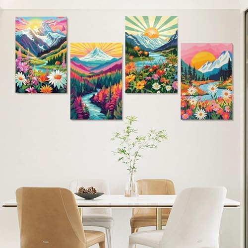 Jethami 4 Pack Landscape Paint by Numbers Kit for Adults with Framed 8x12in | Easy to piant for beginners elderly, with Easel & Magnifying glass, Relaxing & Stress relief, canvas, Home wall decor