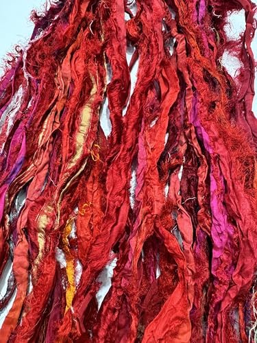 Maker's Craft Recycled Fuzzy Fringes Sari Silk Ribbon Yarn 35yards, 100Grams for DIY Knitting Crocheting Gift Wrapping, Christmas Decoration, Macrame Makers, Jewelry Making, Rugs Hooking (Red)