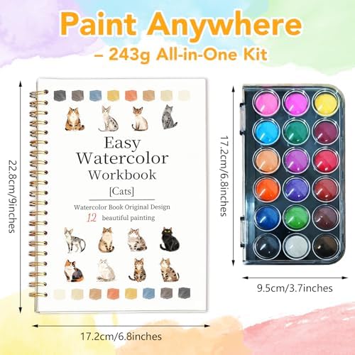 Easy Watercolor Workbook for Beginners - 12 Beautiful Step-by-Step Paintings Water Coloring Book, Includes 18 Colors Paints, Relaxing Art Projects and Creative Gift for Adults & Teen (Cats)