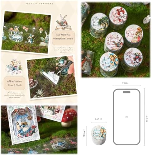 6 Rolls PET Tape Stickers for Journaling,Alice Fairy Washi Tape Stickers for Scrapbooking Supplies,Junk Journal,Phone Case,Photo Frame,Calendar,Cups(Spring)