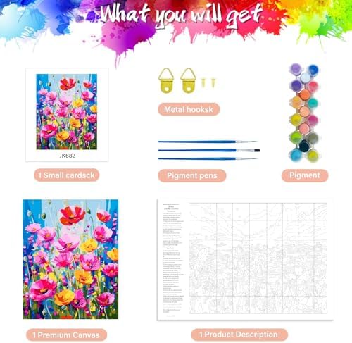 Yunnuo Paint by Numbers Kit for Adults Beginner, Flower Adults' Paint-by-Number Kits on Canvas,DIY Acrylic Pigment Poppy Flowers,Perfect for Home Wall Decor and Gifts(20x16 Inch)