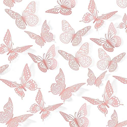 SAOROPEB 3D Butterfly Wall Decor 48 Pcs Pink Butterfly Decorations | 4 Styles 3 Sizes, Birthday Decorations Pink Room Decor Butterfly Party Decorations Cake Decorations, Removable Wall Stickers