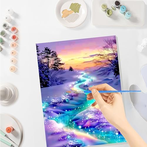 SENQAO Christmas Paint by Numbers for Adults Framed, Snowy River Scene Adults' Paint-by-Number Kits, Adult Paint by Number Kits on Canvas, Acrylic Number Painting for Home Decor, 8x12inch