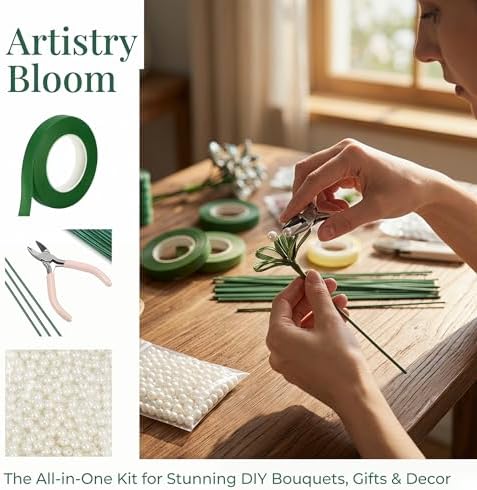 DIY Handmade Floral Art Tool Set, Money Flower Bouquet Making Kit Including ABS Pearls, Metal Wire, 2-Millimeter Diameter Flower Stems, Scissors, Pliers and Green Tape