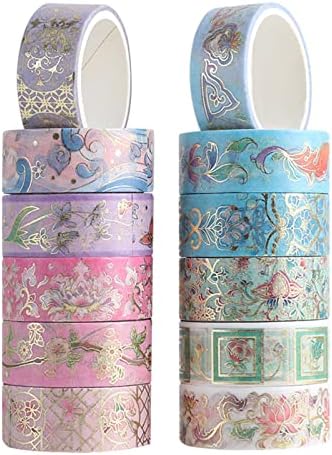 12 Rolls Floral Washi Tape Set, Gold Foil Flower Decorative Washi Masking Tape, Botanical Washi Tape for Scrapbooking, Journal, Planner, DIY Crafts, Gift Wrapping