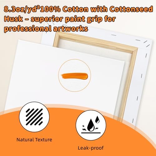22-Pack Stretched Canvas 6 Sizes 6x6 to 16x20 Cotton for Oil & Acrylic | 10oz 100% cotton duck seed husk, triple acid-free gesso, reinforced pine frames for oil, acrylic & mixed media