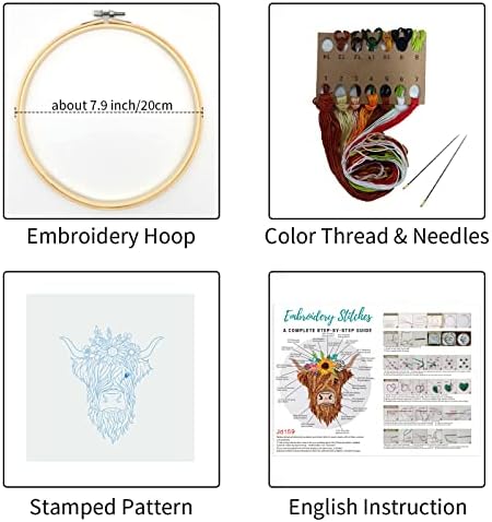 Louise Maelys Highland Cow Floral Embroidery Kit for Beginners Craft