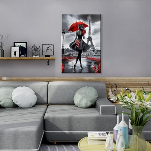 JOOZ Paint by Numbers Kit for Adults with Frame, Eiffel Tower Paint by Number with Easel, DIY Rose Woman Oil Painting by Numbers with Red Umbrella, Adult Paint by Number Kits for Wall Decor 8x12 Inch