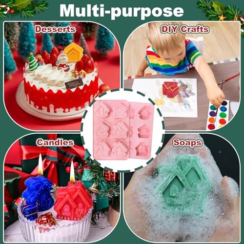 Christmas House Soap Molds, 2 Pack Gingerbread House Silicone Mold | 12 Cavity House Shapes Soap Mold for Soap Making Candle Lotion Bar Beeswax Resin, Non-Stick Baking Molds for Cake Chocolate