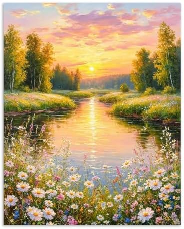 Alptiny Paint by Numbers Kit for Adults, Riverside Sunset Landscape Paint by Number Kit on Canvas, Countryside River & Wildflowers Oil Painting for Gift, Home Wall Decor 16x20 Inch