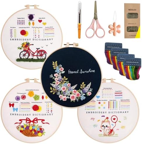 CornerLife 4 Pack Embroidery Kit for Beginners Adults, Hand Embroidery Kits with Pre-Stamped Floral Patterns and Instructions, Adjustable Hoop, Needlepoint Starter Kit DIY Art Crafts Gift (Flower B)