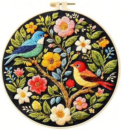Zhenqing Floral Tree with Birds Embroidery Kit for Beginners, Pre-Printed 29x29cm Cotton Fabric with 20cm Hoop, Colorful Spring Garden Design (C0239)