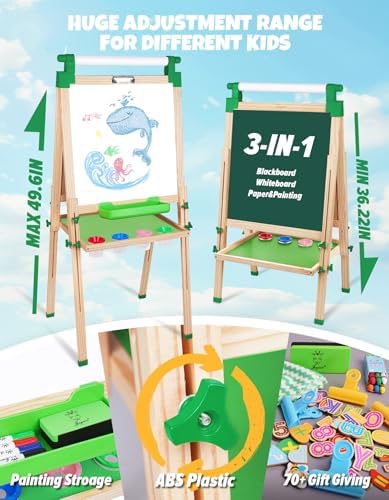 Joyooss Art Easel for Kids Easels for Toddler with Paper roll Green | Wooden Chalkboard for Kids Adjustable Double Sided Dry Erase Board,Toddler Art Easels for Kid Ages 4-8