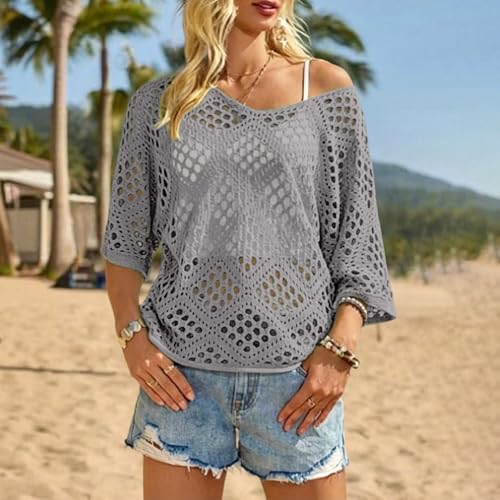 Bohemian Crochet Tops for Women 3/4 Sleeve V-Neck Open Knit Pullover Beach Cover Ups Hollow Out Boho Vacation Blouse