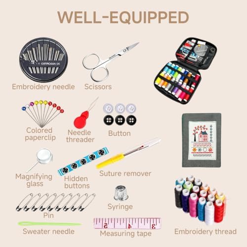 EBQOSK Embroidery Kit for Beginners, Embroidery Stitch Book with Sewing Kit, 86 Tools,65 Water-Soluble Patterns & 106 Stitches with Guides,Portable Craft Set for Adults & DIY Lovers