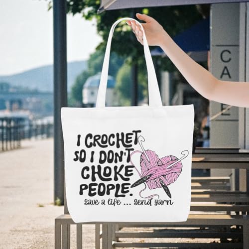 Crochet Knitting Humor Yarn Gifts Canvas Tote Bag, Reusable Grocery Shopping Bags for Crocheters Christmas