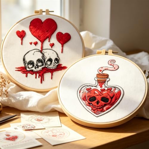 Halloween Goth Embroidery Kits for Beginners Adults, Dark Skull Embroidery Sets Needlepoint Kits, Halloween Stamped Cross Stitch Kits for Beginners Adults, 2 Embroidery Hoops (Attached Video Tutorial)