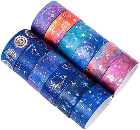 12 Rolls Galaxy Washi Tape Set, Gold Foil Decorative Masking Tape for Scrapbooking, Journal, Planner, DIY Crafts, Gift Wrapping