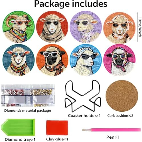 8 Pcs Sheep Diamond Art Coasters with Holder,DIY Sheep Wearing Glasses Diamond Painting Coasters Kits with Cork Pads,5D Full Round Drill Rhinestone Painting Art Crafts for Holiday Gifts 4X4 Inch.