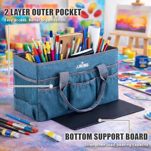 JJRING Large Art Supply Storage Tote Bag With Mesh Pockets, Green