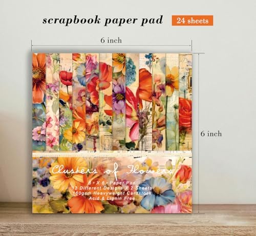 Vintage Floral Scrapbook Paper Pad, 24 Sheets 6''x 6'' Flowers Patterned Designed Decorative Decoupage for Wedding Folded Card Material Gift Wrapping Planners Journals DIY Crafts Photo Album