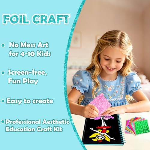 FUNNYB&G Foil Art Craft Kit for Kids, Sparkly Birthday Gift Toy for Girls | No Mess, Kids Ages 4-10 Create Sparkling Artwork, A Creative Gift for Birthdays, Holidays, Travel Activities,Screen-Free Fun
