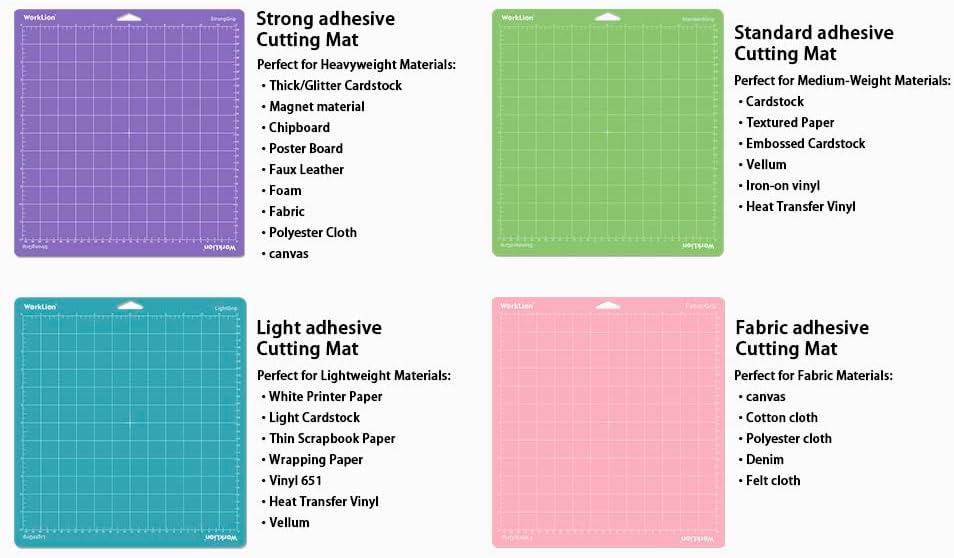 WORKLION Cutting Mat 12x12 Compatible with Maker/Maker 3/Maker 4/Air 2/Explore 3/4, Variety Sticky（Standard,Light,Strong) Vinyl Mat(6Pack)