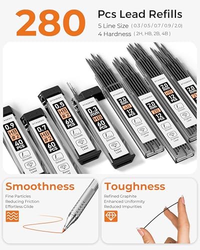 STAGEEK 20Pcs Silver Metal Mechanical Pencil Set with Leather Case | 5PCS Art Drafting Pencils, 0.3, 0.5, 0.7, 0.9, 2.0MM Drawing Pencils, 9 Tube (4B 2B HB 2H Colors) Lead Refills, Erasers