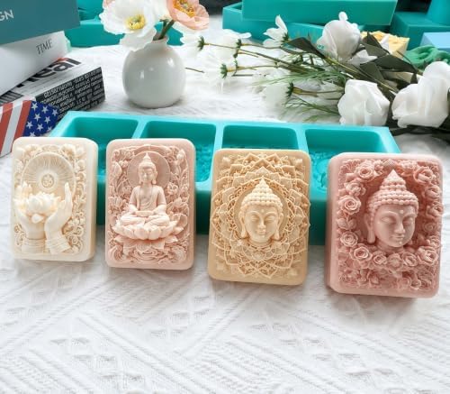 Buddha Lotus Silicone Soap Mold 4 Cavity, Mandala Flower Relief Mold for Handmade Soap, Candle Making & Aromatherapy Crafts, Reusable DIY Mold for Wax, Resin, Plaster, Chocolate and Decorative Gifts