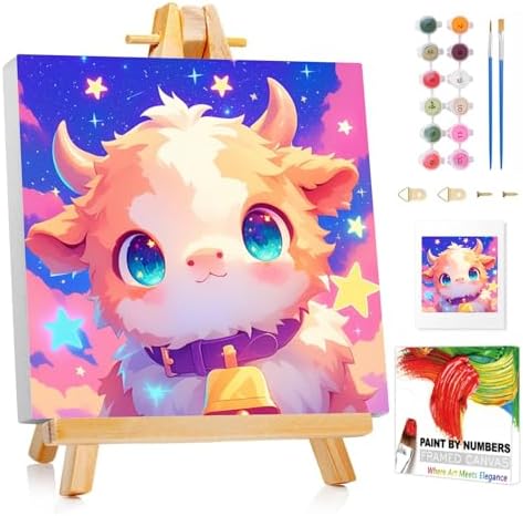 XTCIXAL Paint by Numbers Kit for Kids with Frame, Cow, 8X8 inch