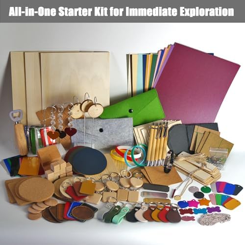Leafcraft 218PCS Laser Engraving Material Explore Kit, 31 Kinds Laser Cutting Engraving Accessories Include Acrylic, Metal, Wood, Felt, PU Leather, Cork, Rock, Rubber for Engraver Machine DIY Crafting