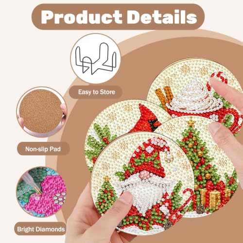 8 Pcs Christmas Diamond Art Coasters Kits, Diamond Painting Coasters