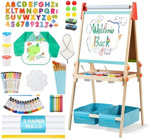 Blue 3-in-1 Wooden Kids Art Easel, Magnetic Whiteboard & Chalkboard