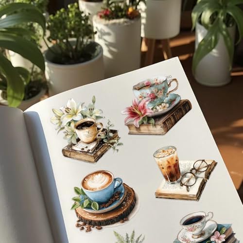 50pcs Vintage Coffee Books Stickers for Laptop Water Bottles, Transparent PET Waterproof Adhesive Teatime Decals Weekend time Sticker for Kids Teens Adult Birthday Party Scrapbook Phone (Retro-4)