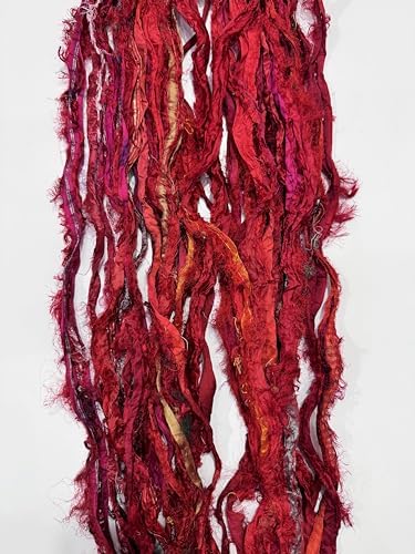 Maker's Craft Recycled Fuzzy Fringes Sari Silk Ribbon Yarn 35yards, 100Grams for DIY Knitting Crocheting Gift Wrapping, Christmas Decoration, Macrame Makers, Jewelry Making, Rugs Hooking (Red)