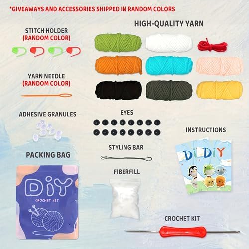 YAMAXIN Crochet Kit for Beginners with 9 Hooks (2.0–6.0mm), 8 Animal Patterns & Yarn – Learn to Crochet Starter Set with Tools & Case – Amigurumi DIY Craft Kit for Adults & Kids
