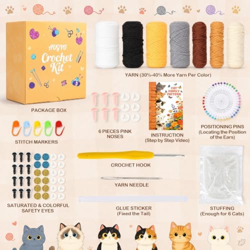 AUGVO Crochet Kit for Beginners, 6 Cats Step by Step Video Tutorials