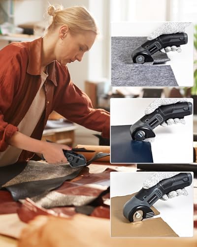 4V Cordless Electric Scissors, Lightweight Rotary Cutter with 2 Blades & USB Charging, for Cardboard Fabric Leather Carpet Plastic Rope Cutting, Safety Lock for Home DIY Craft Use