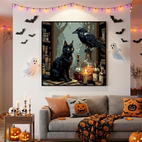 Halloween Paint by Numbers Kit for Adults-Cat & Crow, Oil Painting 10x10In
