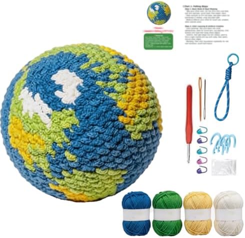 DIY Crochet Earth Globe Kit for Beginners – Handmade Amigurumi Planet Ball Craft Set with Yarn, Fiberfill, Keychain Strap & Instructions – Easy Beginner Crochet Decor and Pendant Gift for Adults