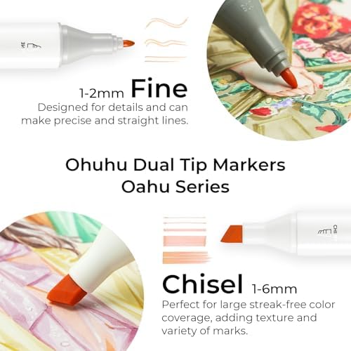 Ohuhu Alcohol Markers 48 Pastel Colors: AP Certificated Double Tipped Art Marker Set for Artists Adults Coloring Illustration - Chisel and Fine Dual Tips - Oahu of Ohuhu Markers - Refillable