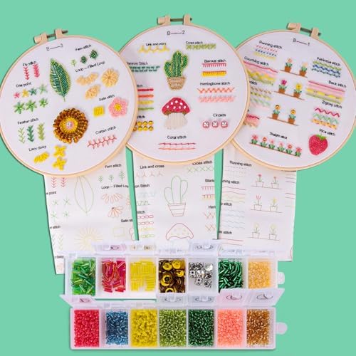 Bonroy Beginners Embroidery Practice kit 3 Sets to Learn 30 Different Stitches for Craft Lover Hand Stitch with Embroidery Fabric with Skill Techniques (BY-BD-S)