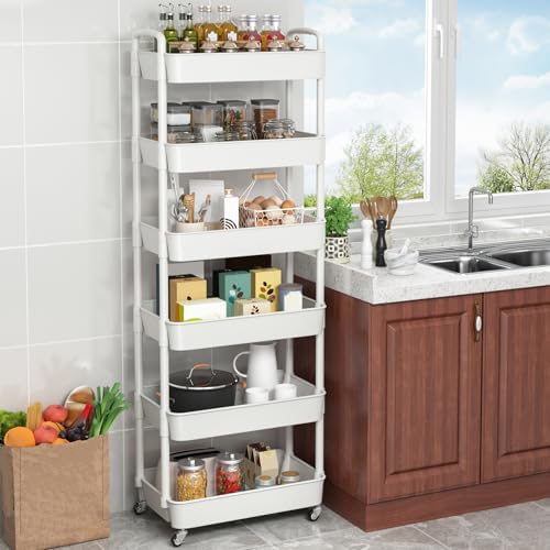 Sywhitta 6-Tier Plastic Rolling Utility Cart with Wheels for Storage,White